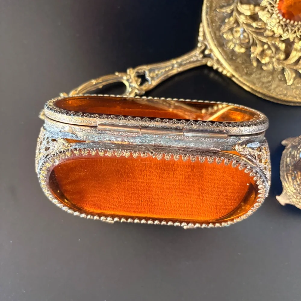 Antique vanity set trinkets case hand mirror‎ brush cup 4 pc amber glass